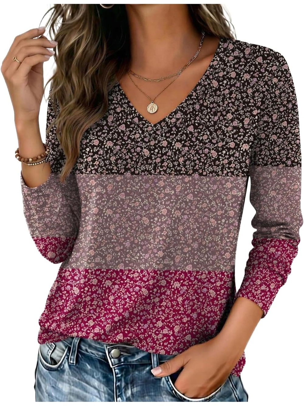 Women's  Vintage Ditsy Floral V Neck Long Sleeve Tee Fall Outfits Printed Tops